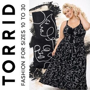 Torrid Black & White Abstract Faces Print Cinch-Front Maxi Dress, Large, NWT!
